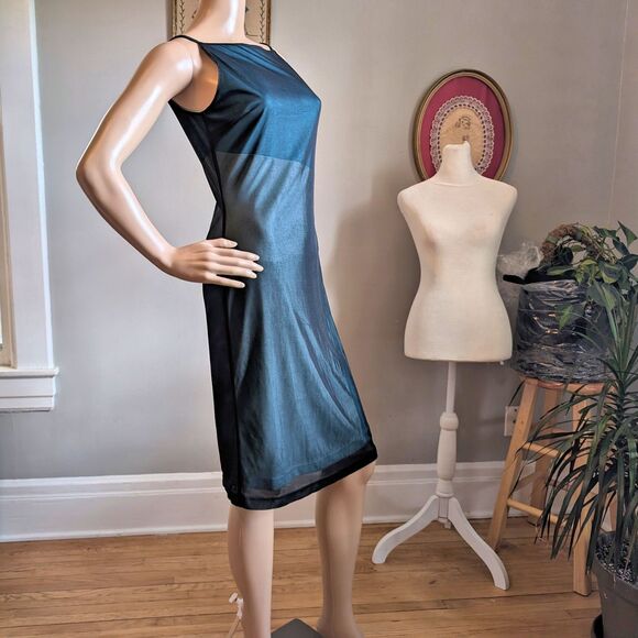 Vintage 90s Y2K Express Mini Dress Party Mesh Blue Cocktail Prom Mod Size 1/2 - Picture 2 of 12